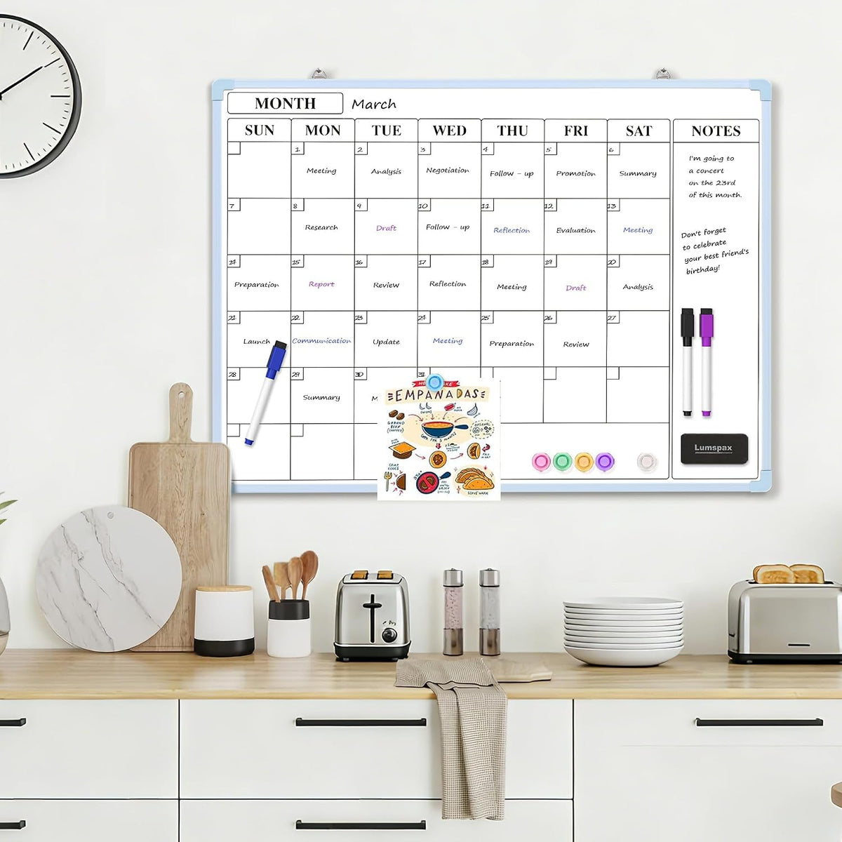 Monthly Whiteboard Calendar for Wall, Small 16" x 12" Dry Erase Board with Plastic Frame, Hanging Dry Erase Calendar with 3 Mini Sticky Notes for Kitchen Planner, Memo, Home and Office
