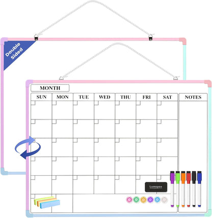 Monthly Whiteboard Calendar for Wall, Small 16" x 12" Dry Erase Board with Plastic Frame, Hanging Dry Erase Calendar with 3 Mini Sticky Notes for Kitchen Planner, Memo, Home and Office