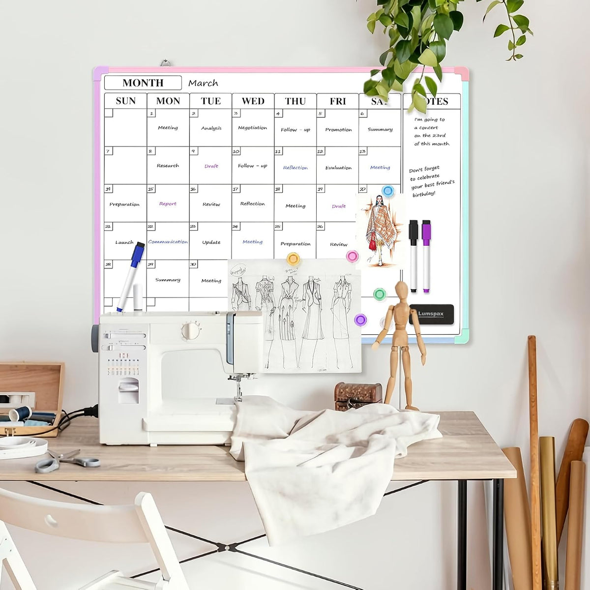 Monthly Whiteboard Calendar for Wall, Small 16" x 12" Dry Erase Board with Plastic Frame, Hanging Dry Erase Calendar with 3 Mini Sticky Notes for Kitchen Planner, Memo, Home and Office