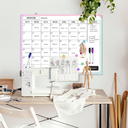 Monthly Whiteboard Calendar for Wall, Small 16" x 12" Dry Erase Board with Plastic Frame, Hanging Dry Erase Calendar with 3 Mini Sticky Notes for Kitchen Planner, Memo, Home and Office