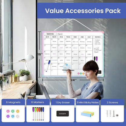 Monthly Whiteboard Calendar for Wall, Small 16" x 12" Dry Erase Board with Plastic Frame, Hanging Dry Erase Calendar with 3 Mini Sticky Notes for Kitchen Planner, Memo, Home and Office