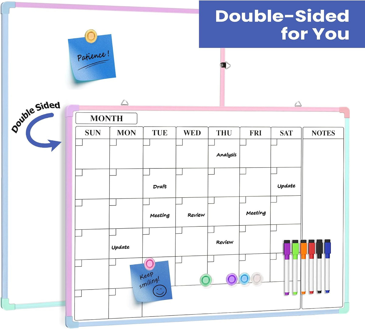 Monthly Whiteboard Calendar for Wall, Small 16" x 12" Dry Erase Board with Plastic Frame, Hanging Dry Erase Calendar with 3 Mini Sticky Notes for Kitchen Planner, Memo, Home and Office