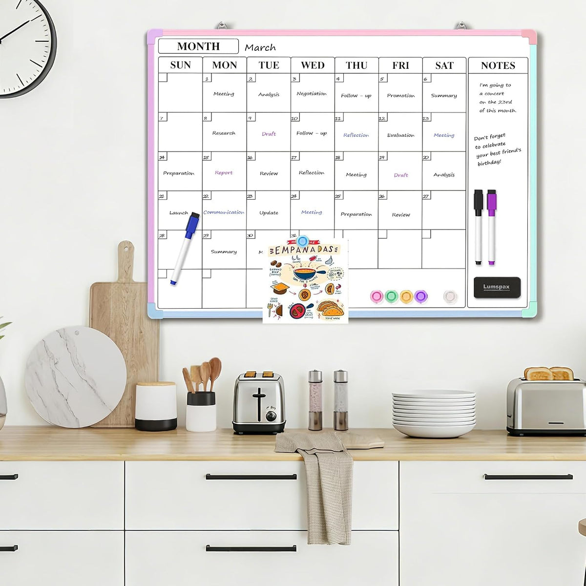 Monthly Whiteboard Calendar for Wall, Small 16" x 12" Dry Erase Board with Plastic Frame, Hanging Dry Erase Calendar with 3 Mini Sticky Notes for Kitchen Planner, Memo, Home and Office