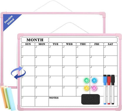 Monthly Whiteboard Calendar for Wall, Small 16" x 12" Dry Erase Board with Plastic Frame, Hanging Dry Erase Calendar with 3 Mini Sticky Notes for Kitchen Planner, Memo, Home and Office