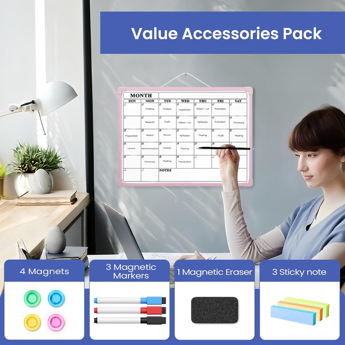 Monthly Whiteboard Calendar for Wall, Small 16" x 12" Dry Erase Board with Plastic Frame, Hanging Dry Erase Calendar with 3 Mini Sticky Notes for Kitchen Planner, Memo, Home and Office