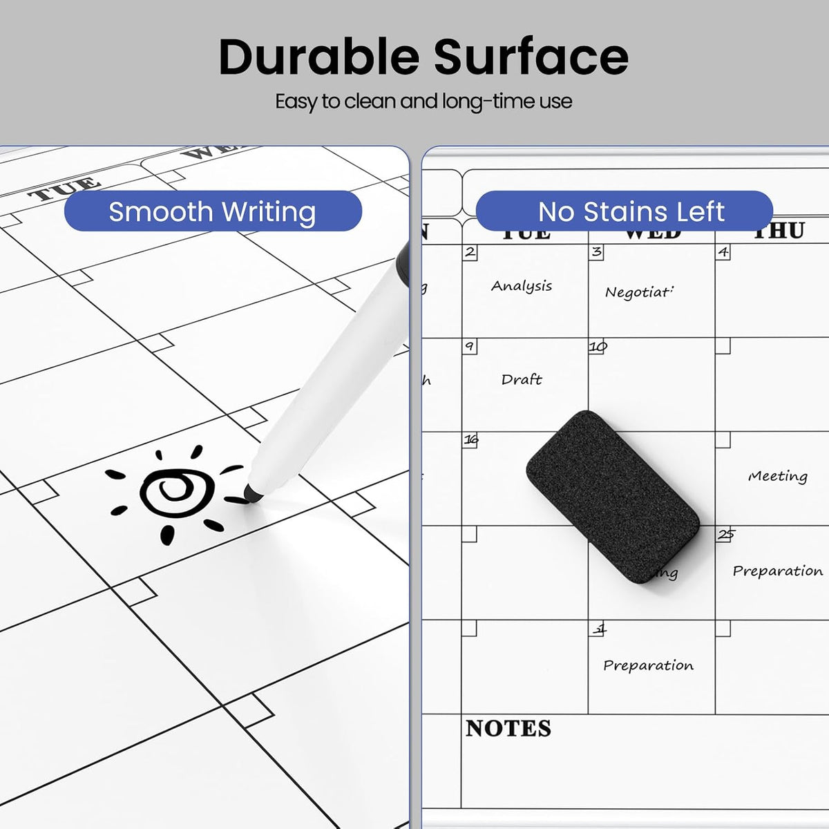 Monthly Whiteboard Calendar for Wall, Small 16" x 12" Dry Erase Board with Plastic Frame, Hanging Dry Erase Calendar with 3 Mini Sticky Notes for Kitchen Planner, Memo, Home and Office