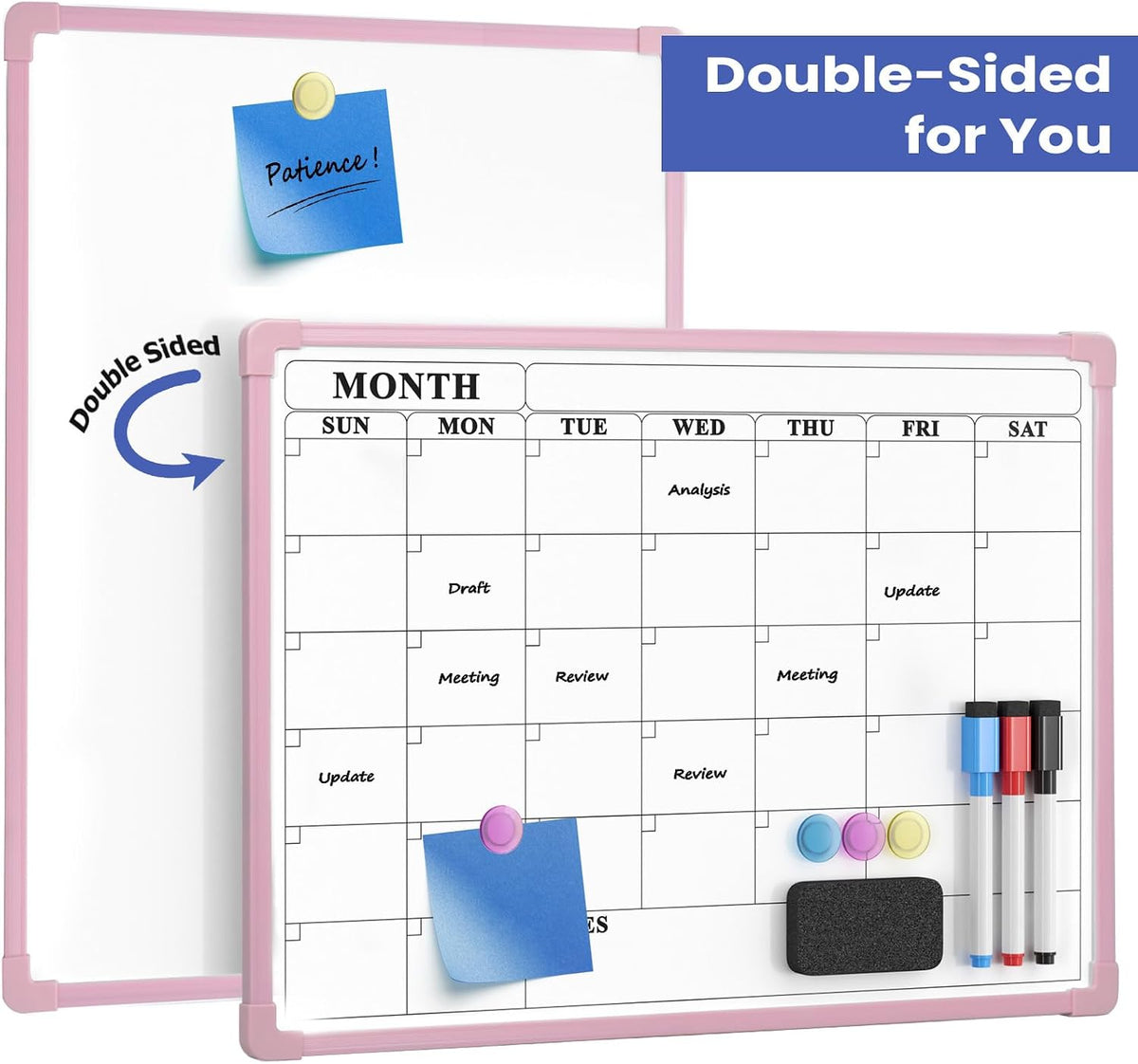 Monthly Whiteboard Calendar for Wall, Small 16" x 12" Dry Erase Board with Plastic Frame, Hanging Dry Erase Calendar with 3 Mini Sticky Notes for Kitchen Planner, Memo, Home and Office