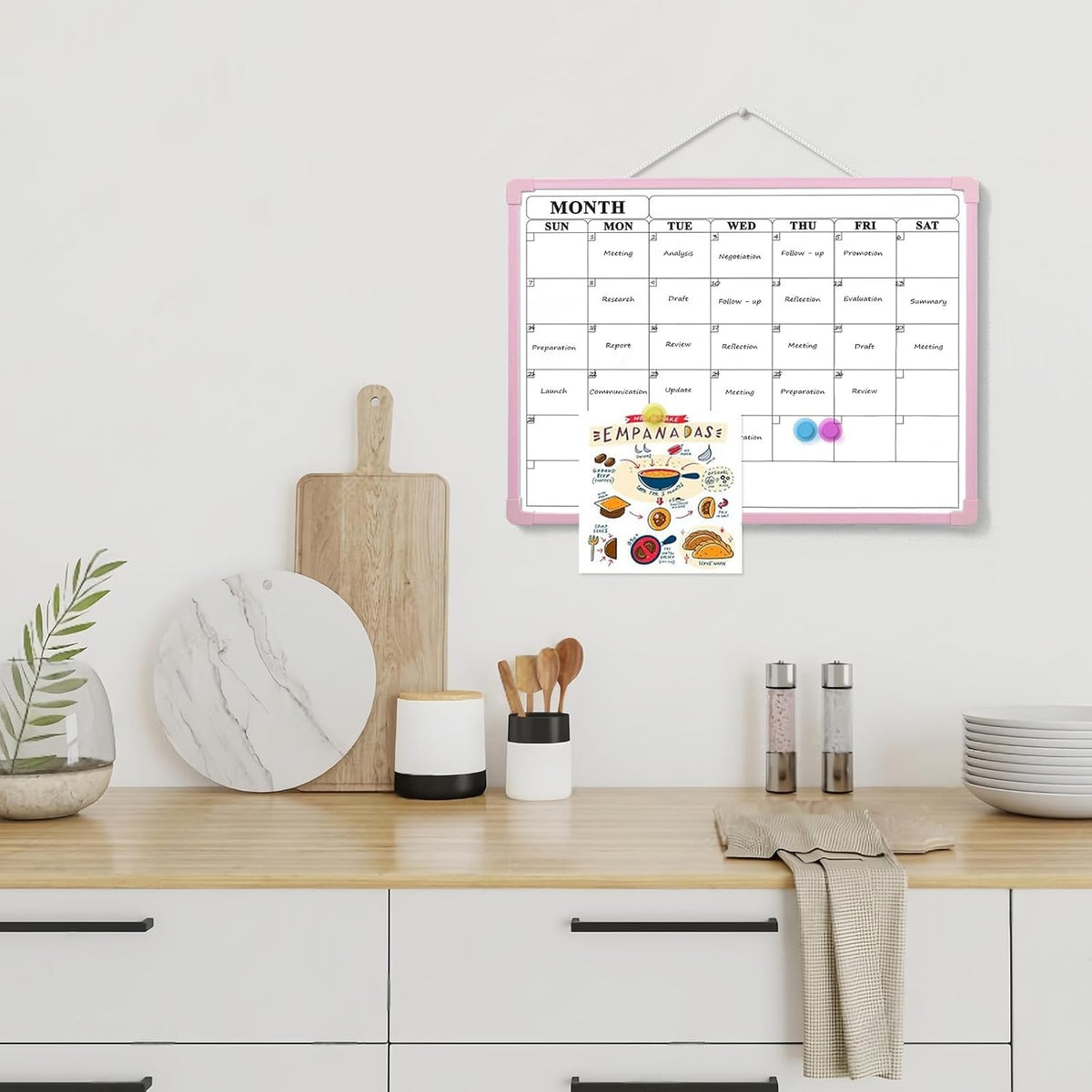 Monthly Whiteboard Calendar for Wall, Small 16" x 12" Dry Erase Board with Plastic Frame, Hanging Dry Erase Calendar with 3 Mini Sticky Notes for Kitchen Planner, Memo, Home and Office