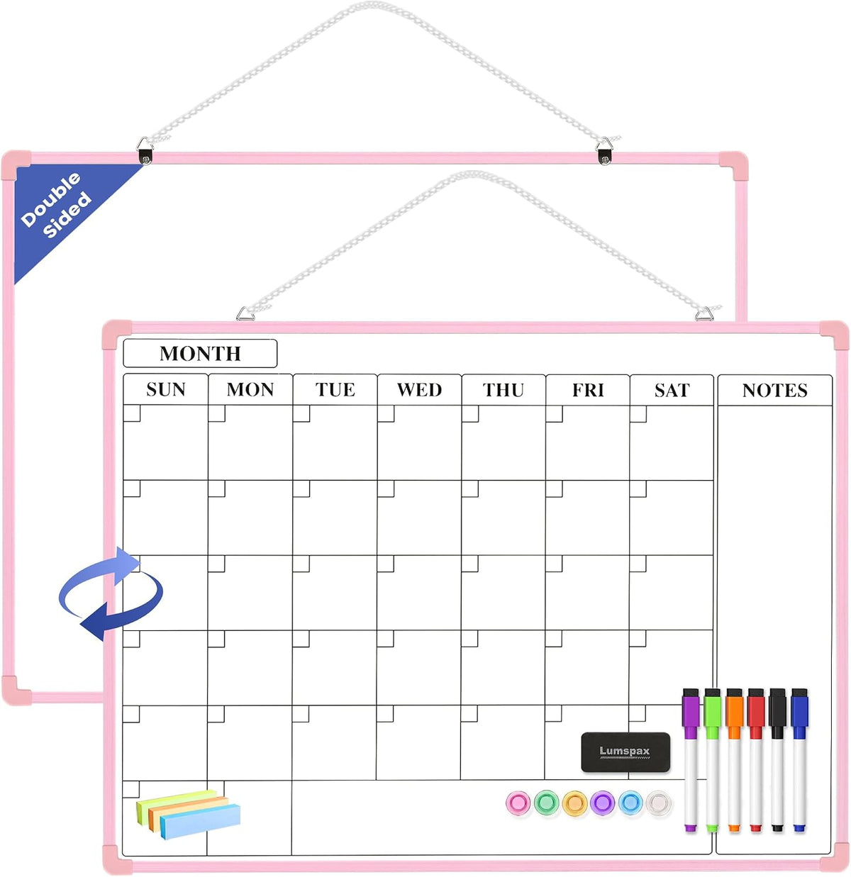 Monthly Whiteboard Calendar for Wall, Small 16" x 12" Dry Erase Board with Plastic Frame, Hanging Dry Erase Calendar with 3 Mini Sticky Notes for Kitchen Planner, Memo, Home and Office