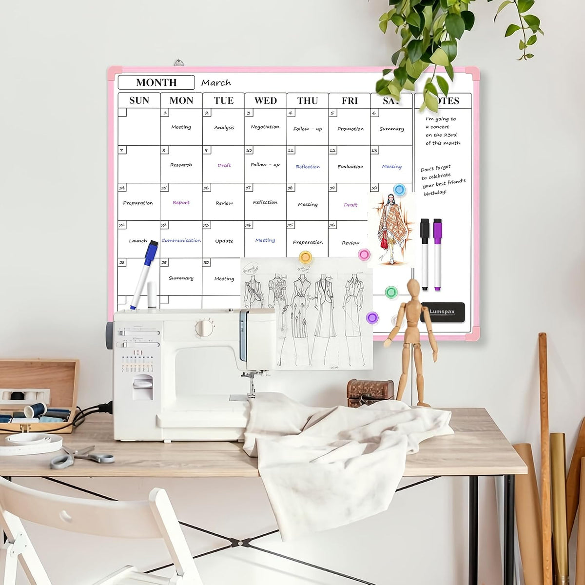 Monthly Whiteboard Calendar for Wall, Small 16" x 12" Dry Erase Board with Plastic Frame, Hanging Dry Erase Calendar with 3 Mini Sticky Notes for Kitchen Planner, Memo, Home and Office