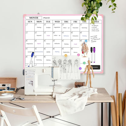 Monthly Whiteboard Calendar for Wall, Small 16" x 12" Dry Erase Board with Plastic Frame, Hanging Dry Erase Calendar with 3 Mini Sticky Notes for Kitchen Planner, Memo, Home and Office