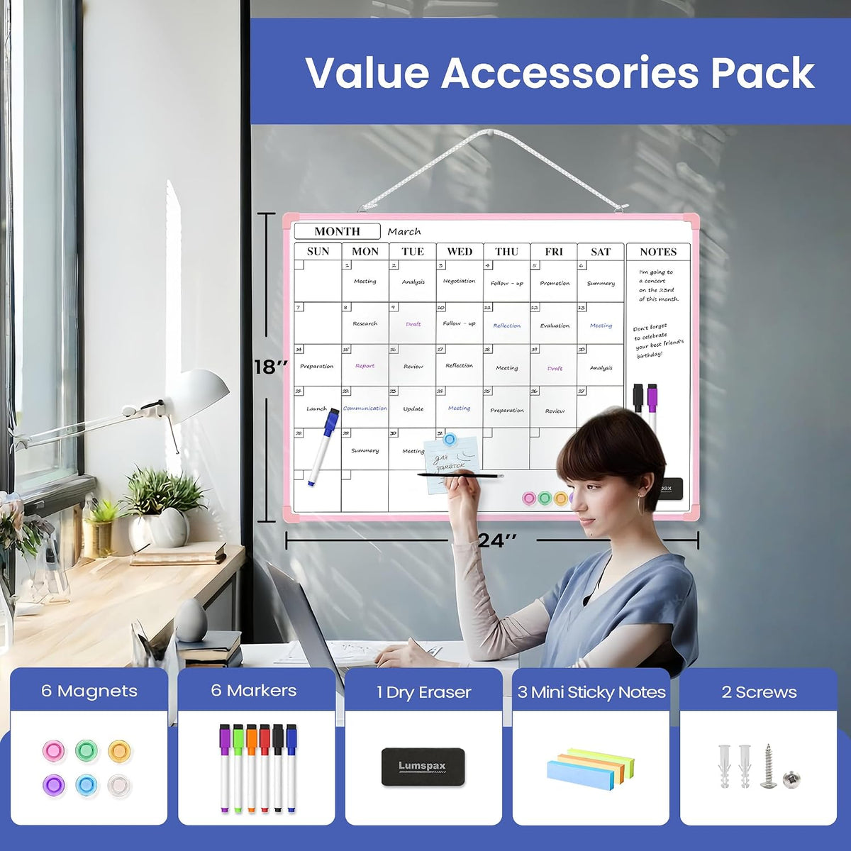 Monthly Whiteboard Calendar for Wall, Small 16" x 12" Dry Erase Board with Plastic Frame, Hanging Dry Erase Calendar with 3 Mini Sticky Notes for Kitchen Planner, Memo, Home and Office