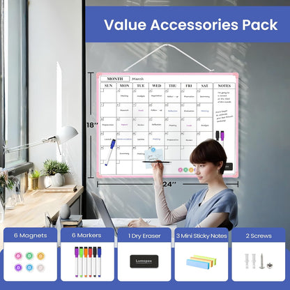 Monthly Whiteboard Calendar for Wall, Small 16" x 12" Dry Erase Board with Plastic Frame, Hanging Dry Erase Calendar with 3 Mini Sticky Notes for Kitchen Planner, Memo, Home and Office