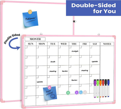 Monthly Whiteboard Calendar for Wall, Small 16" x 12" Dry Erase Board with Plastic Frame, Hanging Dry Erase Calendar with 3 Mini Sticky Notes for Kitchen Planner, Memo, Home and Office
