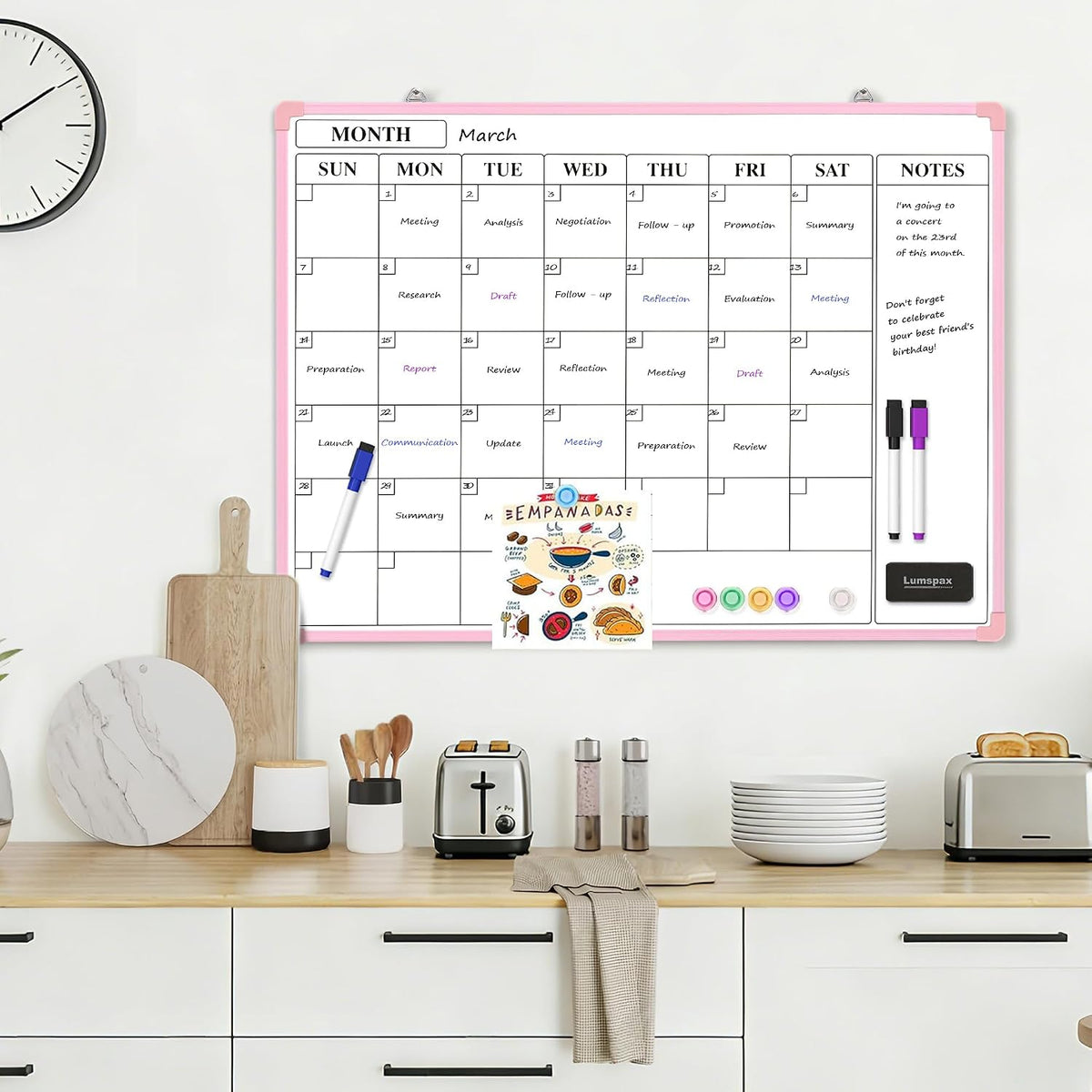 Monthly Whiteboard Calendar for Wall, Small 16" x 12" Dry Erase Board with Plastic Frame, Hanging Dry Erase Calendar with 3 Mini Sticky Notes for Kitchen Planner, Memo, Home and Office