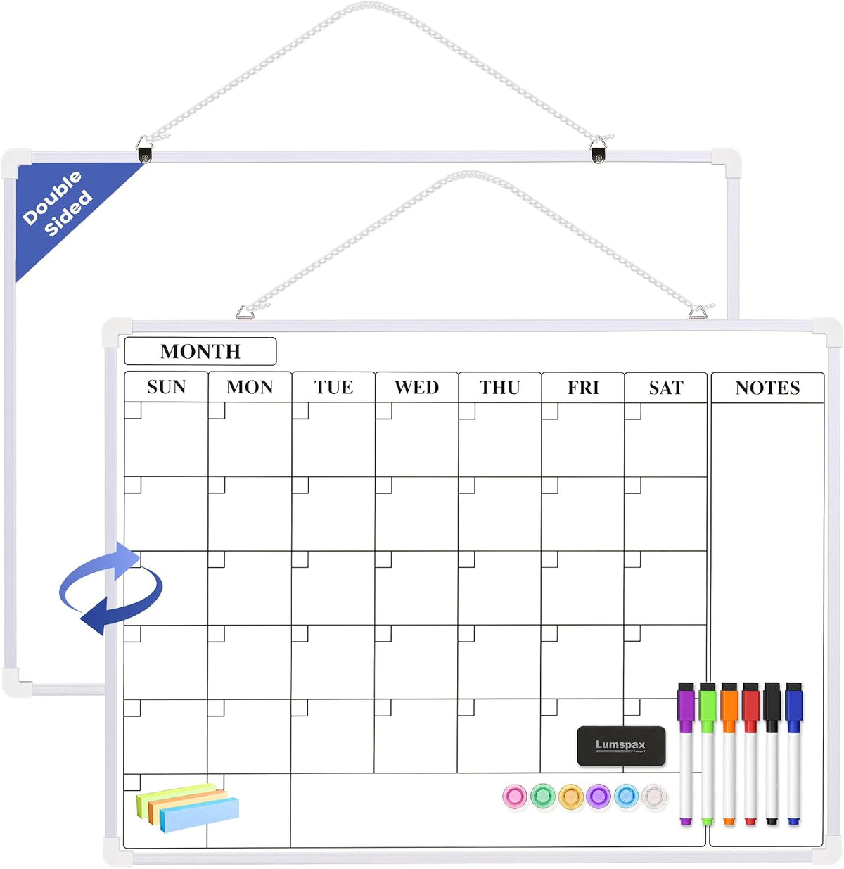Monthly Whiteboard Calendar for Wall, Small 16" x 12" Dry Erase Board with Plastic Frame, Hanging Dry Erase Calendar with 3 Mini Sticky Notes for Kitchen Planner, Memo, Home and Office