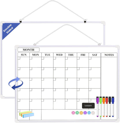 Monthly Whiteboard Calendar for Wall, Small 16" x 12" Dry Erase Board with Plastic Frame, Hanging Dry Erase Calendar with 3 Mini Sticky Notes for Kitchen Planner, Memo, Home and Office