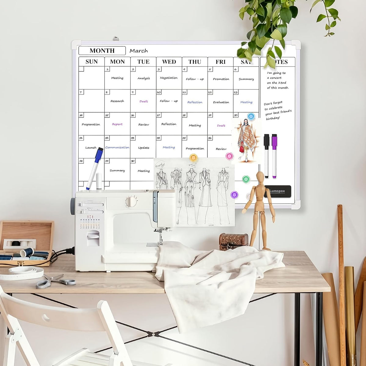 Monthly Whiteboard Calendar for Wall, Small 16" x 12" Dry Erase Board with Plastic Frame, Hanging Dry Erase Calendar with 3 Mini Sticky Notes for Kitchen Planner, Memo, Home and Office