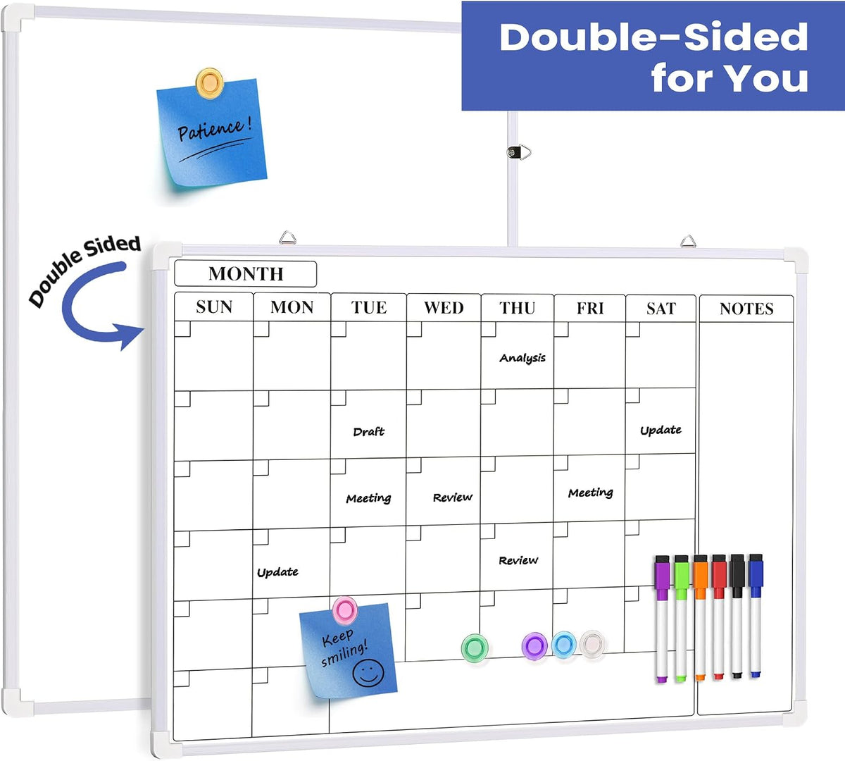 Monthly Whiteboard Calendar for Wall, Small 16" x 12" Dry Erase Board with Plastic Frame, Hanging Dry Erase Calendar with 3 Mini Sticky Notes for Kitchen Planner, Memo, Home and Office
