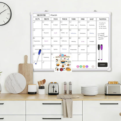 Monthly Whiteboard Calendar for Wall, Small 16" x 12" Dry Erase Board with Plastic Frame, Hanging Dry Erase Calendar with 3 Mini Sticky Notes for Kitchen Planner, Memo, Home and Office