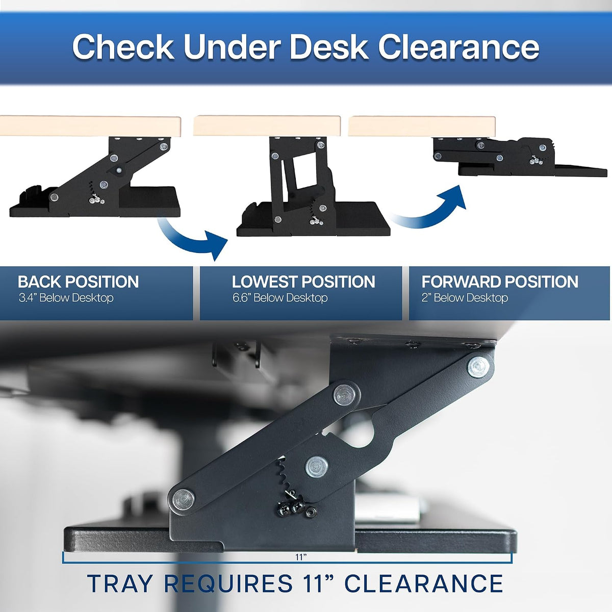 Black Under Desk 34 x 11 in Adjustable Keyboard Tray, MOUNT-KB34S