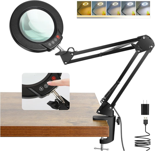 10X Magnifying Glass with Light and Clamp, Real Glass Stand Lighted Magnifier, 5 Color Modes Stepless Dimmable LED Desk Lamp Hands Free for Crafts Hobby Reading Painting Sewing Close Work
