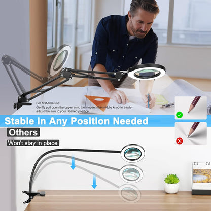 10X Magnifying Glass with Light and Clamp, Real Glass Stand Lighted Magnifier, 5 Color Modes Stepless Dimmable LED Desk Lamp Hands Free for Crafts Hobby Reading Painting Sewing Close Work