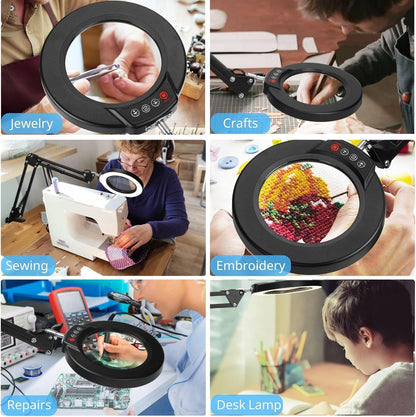 10X Magnifying Glass with Light and Clamp, Real Glass Stand Lighted Magnifier, 5 Color Modes Stepless Dimmable LED Desk Lamp Hands Free for Crafts Hobby Reading Painting Sewing Close Work