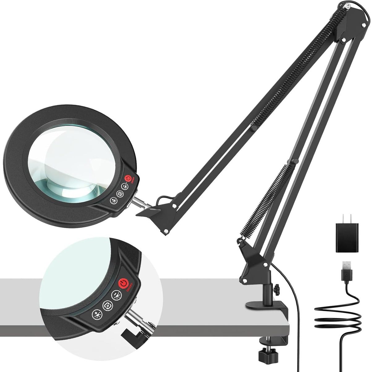 10X Magnifying Glass with Light and Clamp, Real Glass Stand Lighted Magnifier, 5 Color Modes Stepless Dimmable LED Desk Lamp Hands Free for Crafts Hobby Reading Painting Sewing Close Work