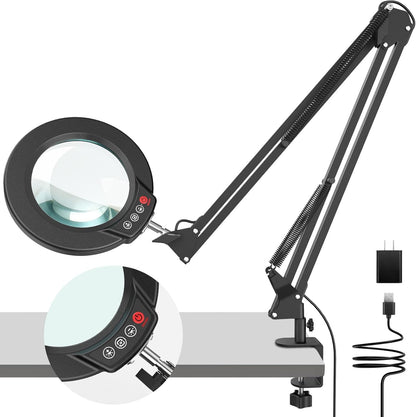 10X Magnifying Glass with Light and Clamp, Real Glass Stand Lighted Magnifier, 5 Color Modes Stepless Dimmable LED Desk Lamp Hands Free for Crafts Hobby Reading Painting Sewing Close Work