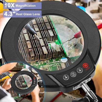 10X Magnifying Glass with Light and Clamp, Real Glass Stand Lighted Magnifier, 5 Color Modes Stepless Dimmable LED Desk Lamp Hands Free for Crafts Hobby Reading Painting Sewing Close Work