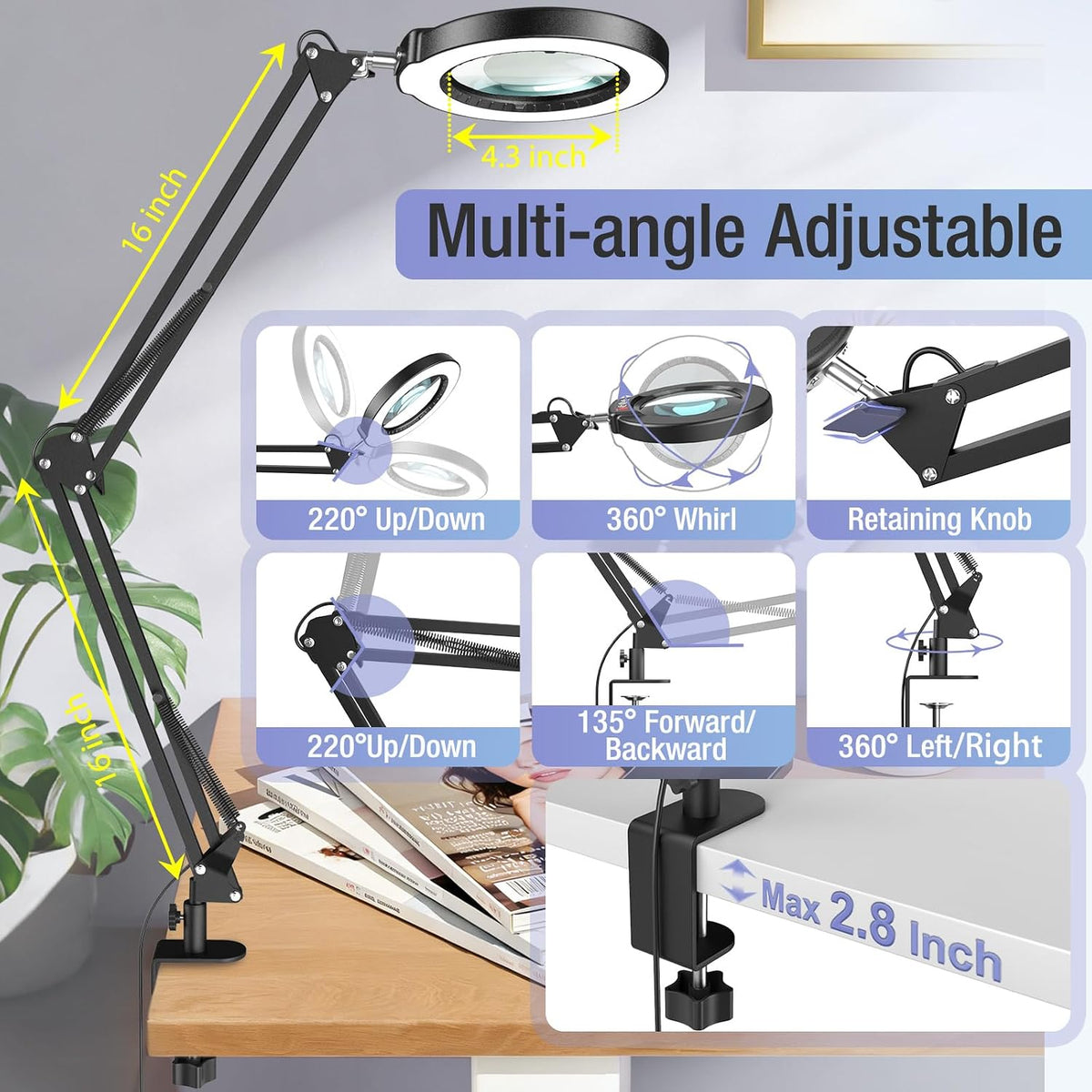 10X Magnifying Glass with Light and Clamp, Real Glass Stand Lighted Magnifier, 5 Color Modes Stepless Dimmable LED Desk Lamp Hands Free for Crafts Hobby Reading Painting Sewing Close Work