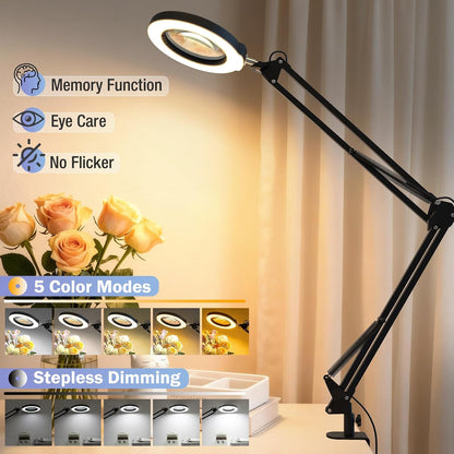 10X Magnifying Glass with Light and Clamp, Real Glass Stand Lighted Magnifier, 5 Color Modes Stepless Dimmable LED Desk Lamp Hands Free for Crafts Hobby Reading Painting Sewing Close Work