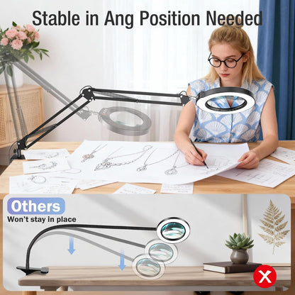 10X Magnifying Glass with Light and Clamp, Real Glass Stand Lighted Magnifier, 5 Color Modes Stepless Dimmable LED Desk Lamp Hands Free for Crafts Hobby Reading Painting Sewing Close Work