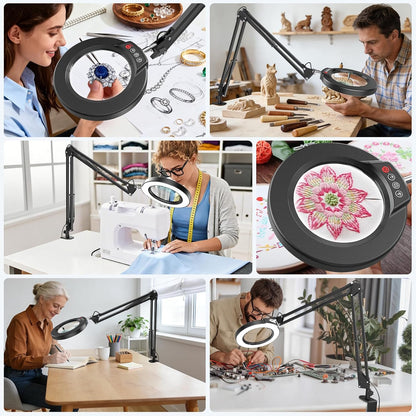 10X Magnifying Glass with Light and Clamp, Real Glass Stand Lighted Magnifier, 5 Color Modes Stepless Dimmable LED Desk Lamp Hands Free for Crafts Hobby Reading Painting Sewing Close Work
