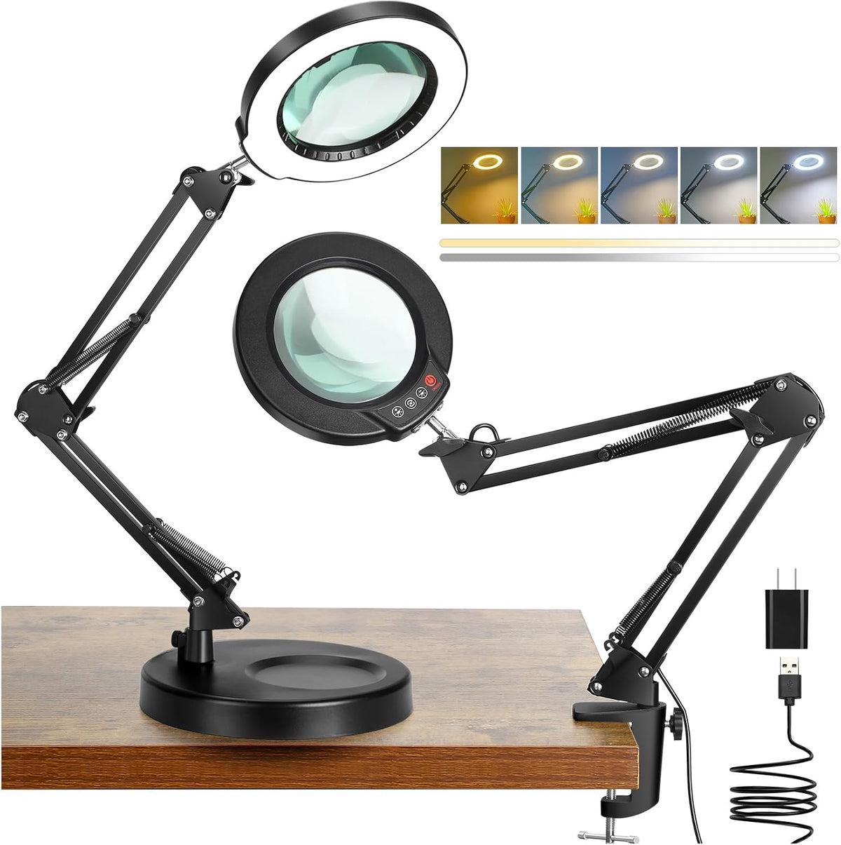 10X Magnifying Glass with Light and Clamp, Real Glass Stand Lighted Magnifier, 5 Color Modes Stepless Dimmable LED Desk Lamp Hands Free for Crafts Hobby Reading Painting Sewing Close Work