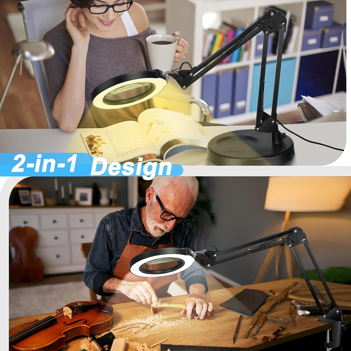 10X Magnifying Glass with Light and Clamp, Real Glass Stand Lighted Magnifier, 5 Color Modes Stepless Dimmable LED Desk Lamp Hands Free for Crafts Hobby Reading Painting Sewing Close Work