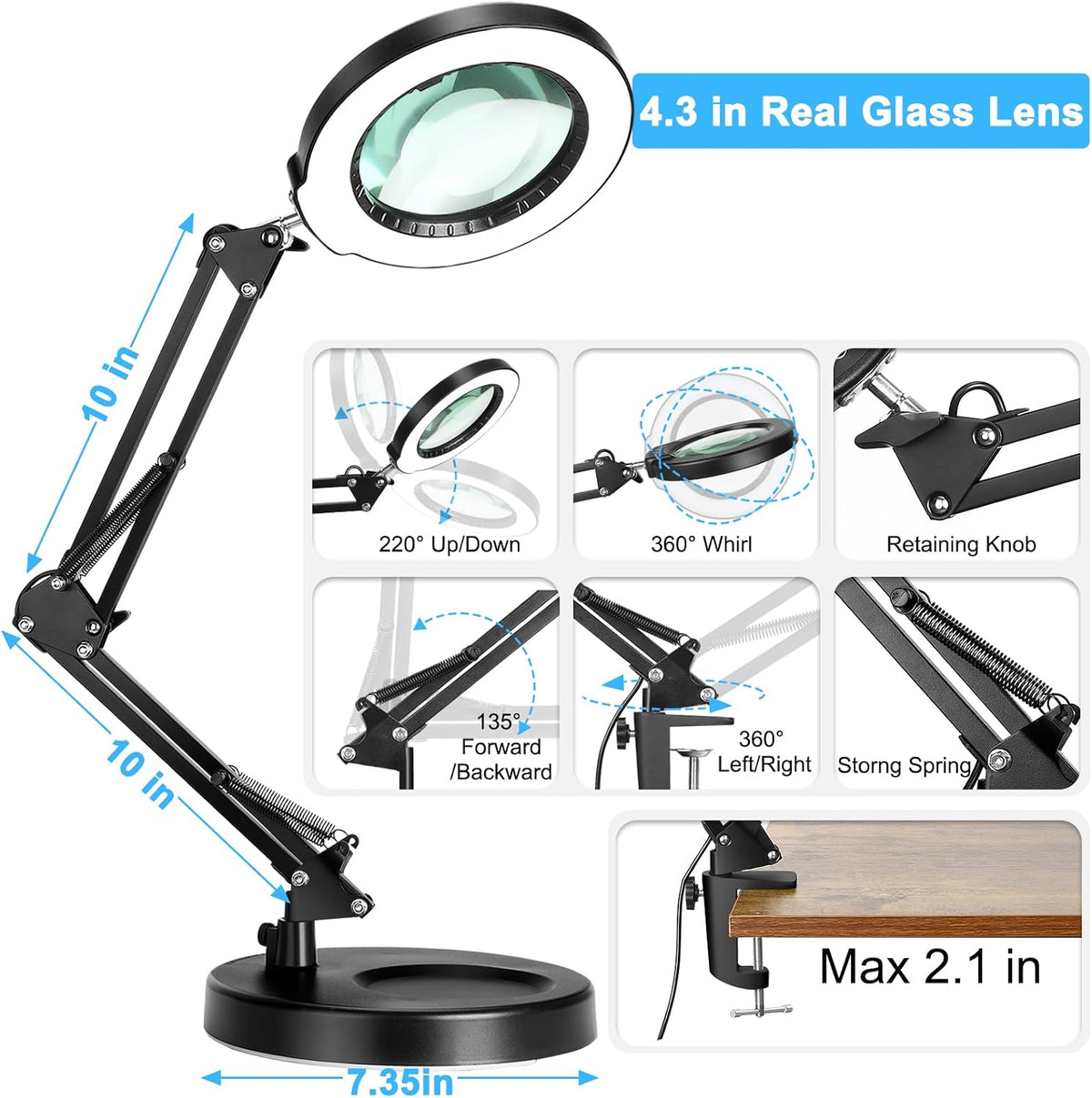 10X Magnifying Glass with Light and Clamp, Real Glass Stand Lighted Magnifier, 5 Color Modes Stepless Dimmable LED Desk Lamp Hands Free for Crafts Hobby Reading Painting Sewing Close Work