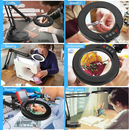 10X Magnifying Glass with Light and Clamp, Real Glass Stand Lighted Magnifier, 5 Color Modes Stepless Dimmable LED Desk Lamp Hands Free for Crafts Hobby Reading Painting Sewing Close Work