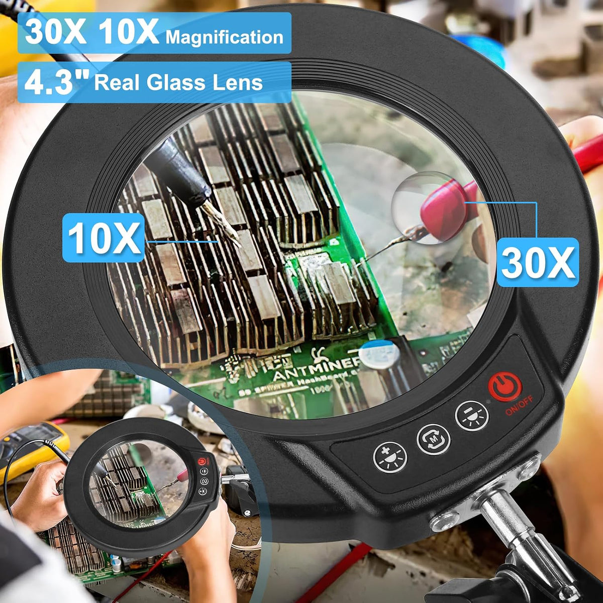 10X Magnifying Glass with Light and Clamp, Real Glass Stand Lighted Magnifier, 5 Color Modes Stepless Dimmable LED Desk Lamp Hands Free for Crafts Hobby Reading Painting Sewing Close Work