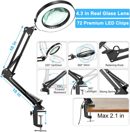 10X Magnifying Glass with Light and Clamp, Real Glass Stand Lighted Magnifier, 5 Color Modes Stepless Dimmable LED Desk Lamp Hands Free for Crafts Hobby Reading Painting Sewing Close Work
