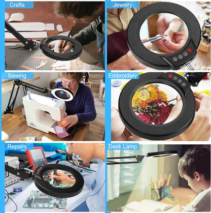 10X Magnifying Glass with Light and Clamp, Real Glass Stand Lighted Magnifier, 5 Color Modes Stepless Dimmable LED Desk Lamp Hands Free for Crafts Hobby Reading Painting Sewing Close Work