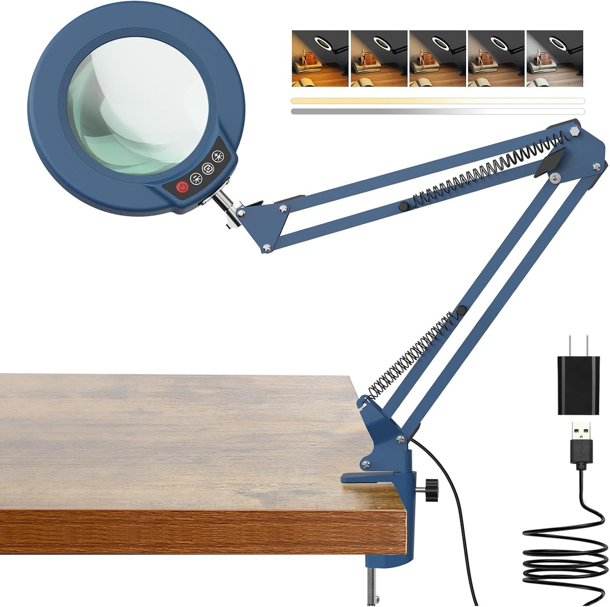 10X Magnifying Glass with Light and Clamp, Real Glass Stand Lighted Magnifier, 5 Color Modes Stepless Dimmable LED Desk Lamp Hands Free for Crafts Hobby Reading Painting Sewing Close Work