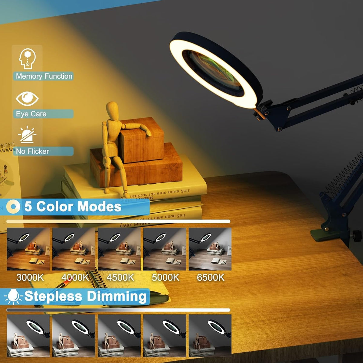 10X Magnifying Glass with Light and Clamp, Real Glass Stand Lighted Magnifier, 5 Color Modes Stepless Dimmable LED Desk Lamp Hands Free for Crafts Hobby Reading Painting Sewing Close Work
