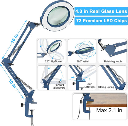 10X Magnifying Glass with Light and Clamp, Real Glass Stand Lighted Magnifier, 5 Color Modes Stepless Dimmable LED Desk Lamp Hands Free for Crafts Hobby Reading Painting Sewing Close Work