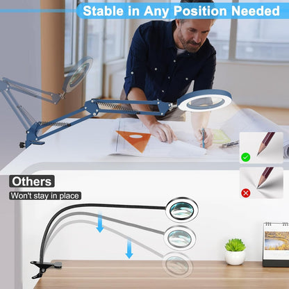 10X Magnifying Glass with Light and Clamp, Real Glass Stand Lighted Magnifier, 5 Color Modes Stepless Dimmable LED Desk Lamp Hands Free for Crafts Hobby Reading Painting Sewing Close Work