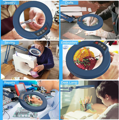 10X Magnifying Glass with Light and Clamp, Real Glass Stand Lighted Magnifier, 5 Color Modes Stepless Dimmable LED Desk Lamp Hands Free for Crafts Hobby Reading Painting Sewing Close Work