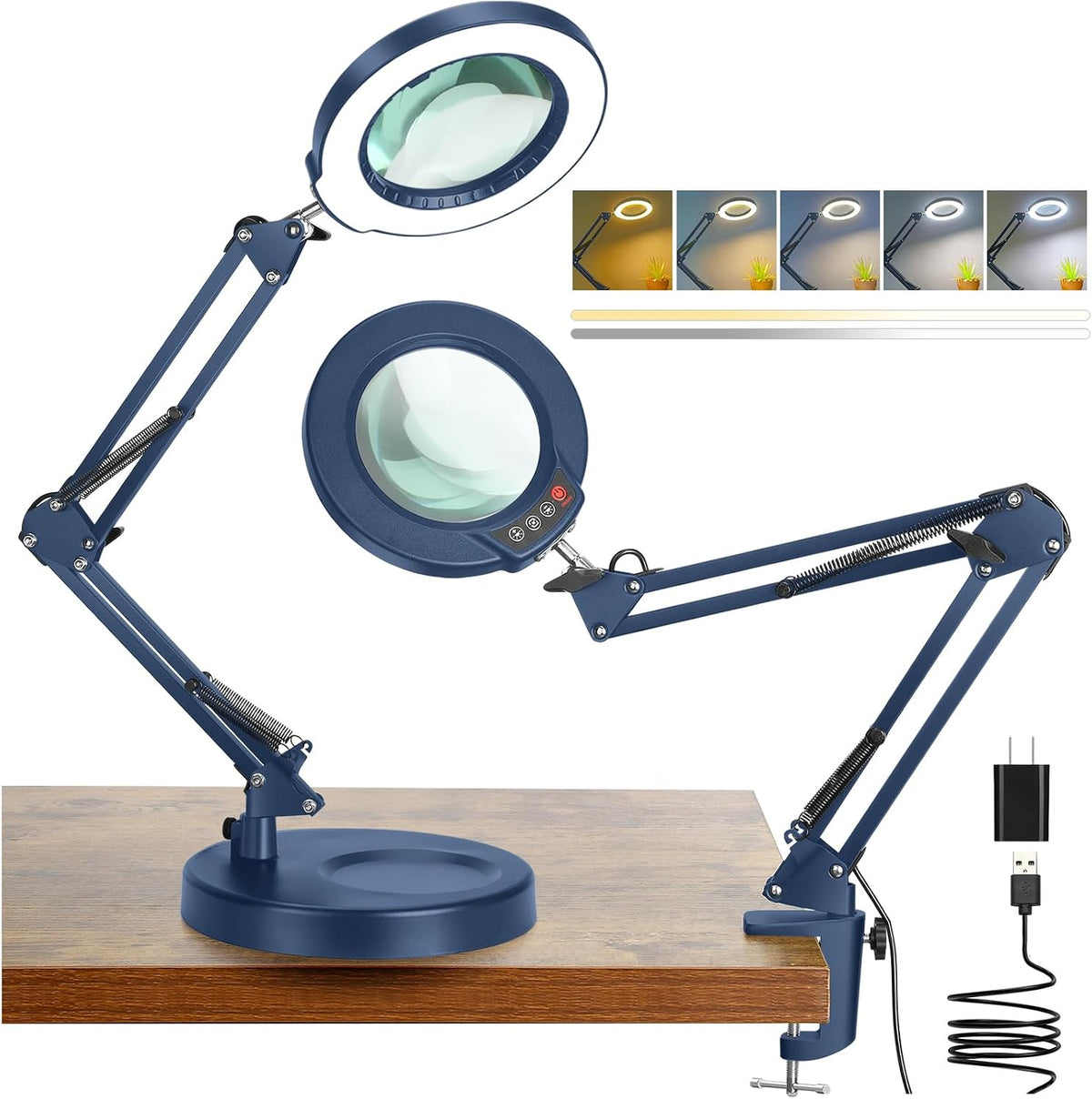 10X Magnifying Glass with Light and Clamp, Real Glass Stand Lighted Magnifier, 5 Color Modes Stepless Dimmable LED Desk Lamp Hands Free for Crafts Hobby Reading Painting Sewing Close Work