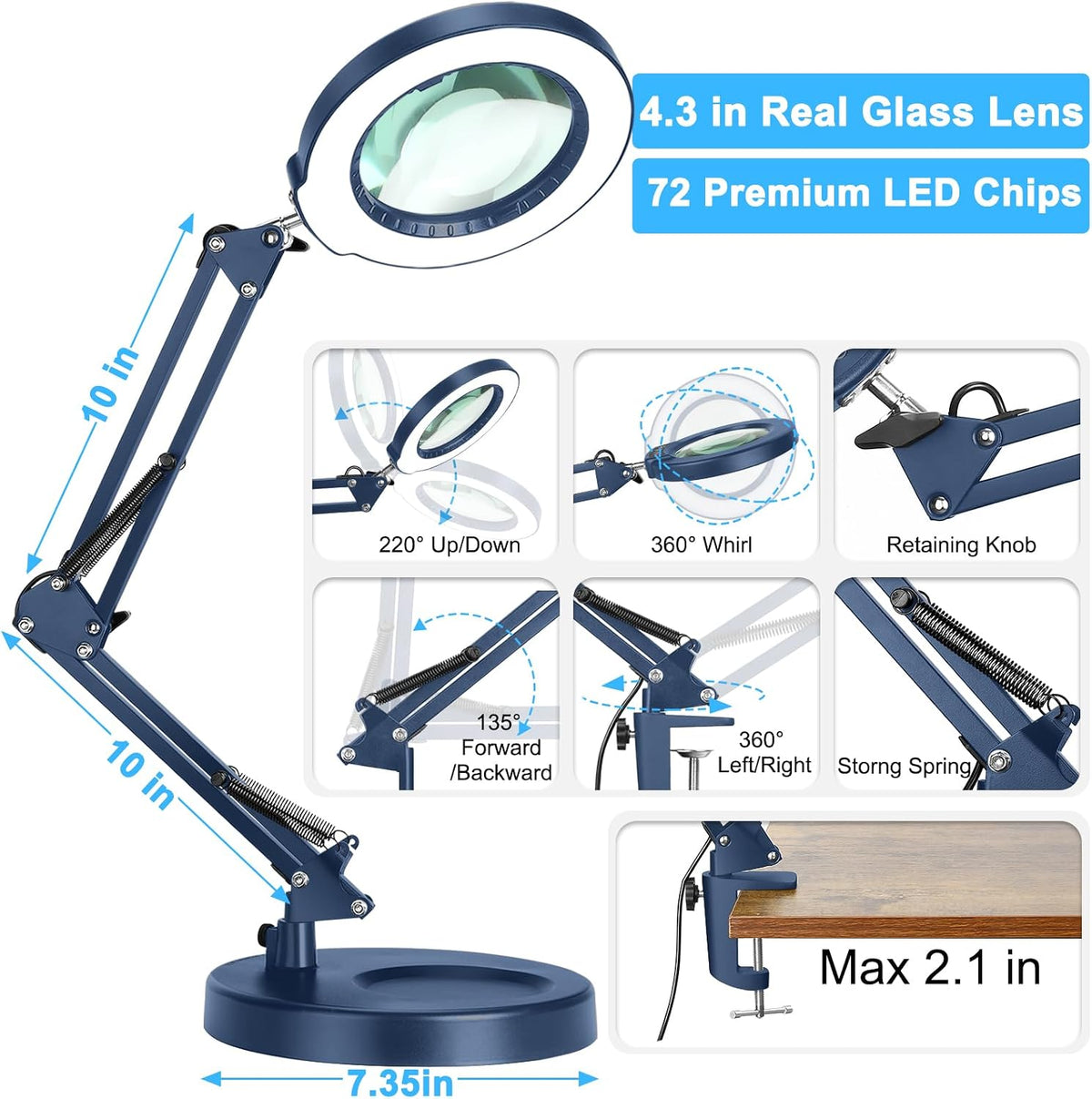 10X Magnifying Glass with Light and Clamp, Real Glass Stand Lighted Magnifier, 5 Color Modes Stepless Dimmable LED Desk Lamp Hands Free for Crafts Hobby Reading Painting Sewing Close Work