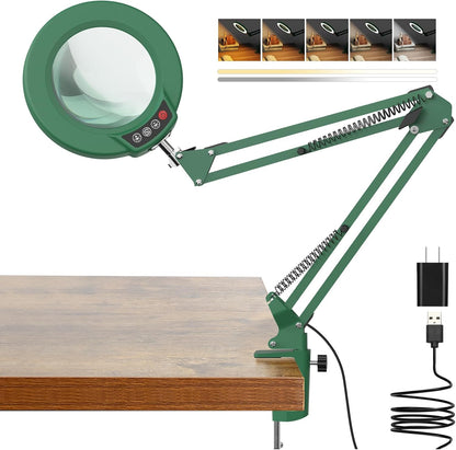 10X Magnifying Glass with Light and Clamp, Real Glass Stand Lighted Magnifier, 5 Color Modes Stepless Dimmable LED Desk Lamp Hands Free for Crafts Hobby Reading Painting Sewing Close Work